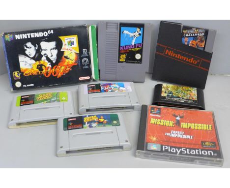 Vintage console games for PS1, N64, Sega NES and SNES including boxed Goldeneye (eight games) 