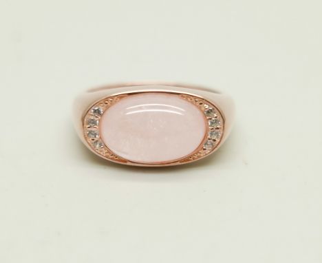 A silver rose gold tone gilt ring set with a morganite and zircon, with certificate, O 