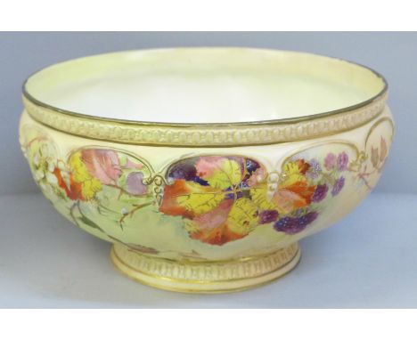 A large Royal Worcester fruit bowl, 1896, pattern no. 1453, decorated with autumn berries and fruit with foliage and a gold r