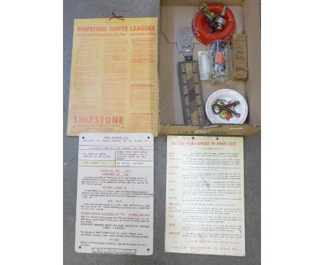 Breweriana; pub notices, ashtrays, cribbage board, bottle opener, etc. 