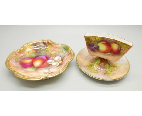 A Royal Worcester fruit painted dish and holder, both signed E Townsend 