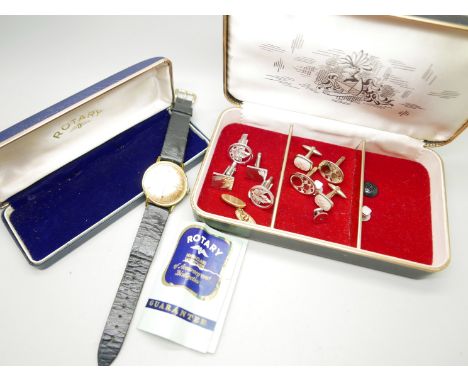 A gentleman's gold plated Rotary wristwatch with original paperwork dated 1967, boxed, together with a collection of cufflink