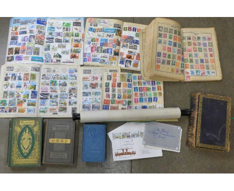 A collection of six stamp albums, first day covers, five hard back books, Marmion, Boswells Life of Johnson, Longfellow, etc.