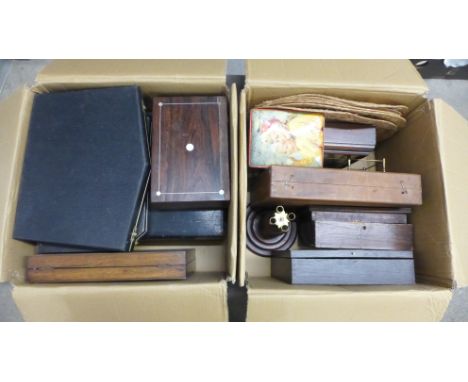 Two boxes of mixed wooden boxes, document boxes, an epergne stand, wine stand, etc. **PLEASE NOTE THIS LOT IS NOT ELIGIBLE FO