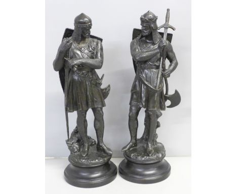 A pair of spelter figures of Richard I, holding an axe and holding a long sword, with mail armour, 38cm 