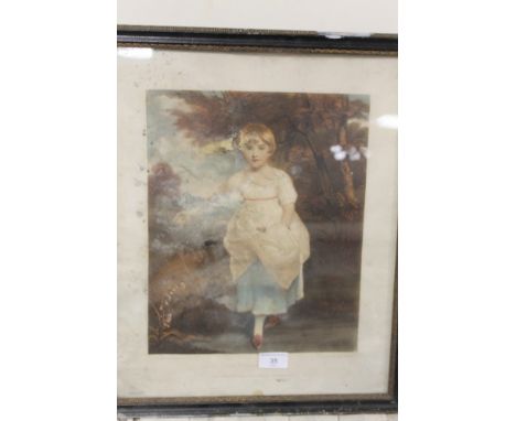 A FRAMED AND GLAZED COLOURED PRINT OF A PORTRAIT OF MISS CHOLMONDELEY TOGETHER WITH A FRAMED AND GLAZED PRINT ON CANVAS OF CA