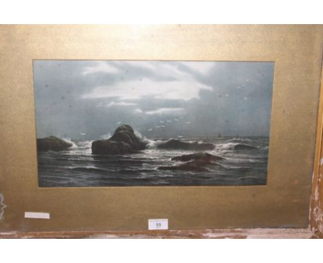 A FRAMED AND GLAZED COLOURED PRINT OF A SEASCAPE SCENE 