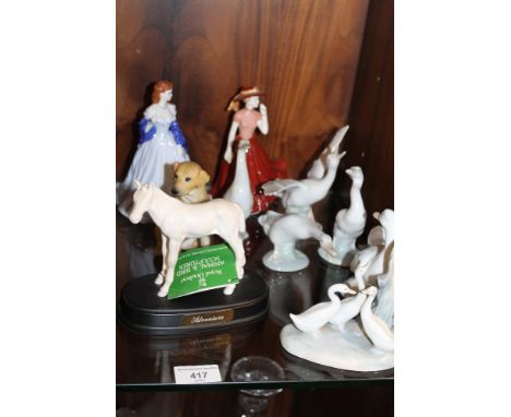 TWO ROYAL WORCESTER LADIES 'JULY' AND 'NOVEMBER' TOGETHER WITH AN AYNSLEY LABRADOR, A ROYAL DOULTON HORSE 'ADVENTURE', NAO AN