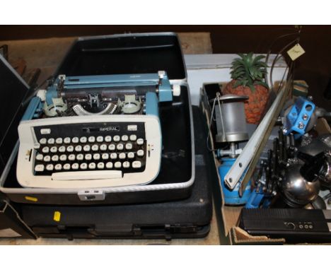 A CASED IMPERIAL TYPEWRITER, TOGETHER WITH A BOX OF SUNDRIES TO INCLUDE WINE COOLER, ETC 