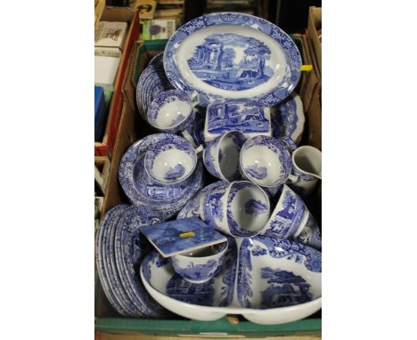 A TRAY OF BLUE AND WHITE TEA AND DINNER WARE, MAINLY SPODE ITALIAN PATTERN 