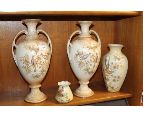 A PAIR OF CROWN DUCAL TWIN HANDLED VASES TOGETHER WITH A CROWN DUCAL VASE AND A ROYAL WORCESTER VASE 