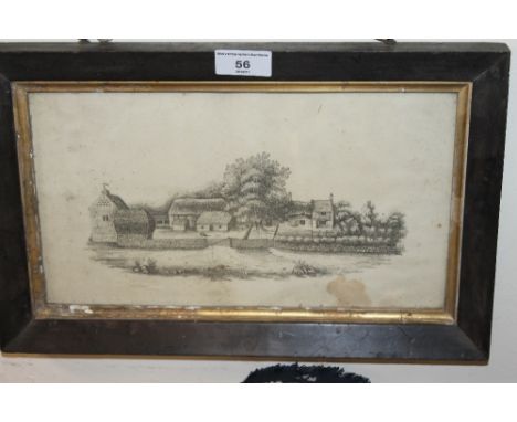 A FRAMED AND GLAZED PRINT OF A FARM STEAD