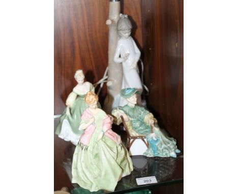 A NAO LAMP TOGETHER WITH TWO ROYAL DOULTON LADIES 'FAIR LADY' AND 'ASCOT' ALSO A ROYAL WORCESTER FIGURE 'FIRST DANCE'