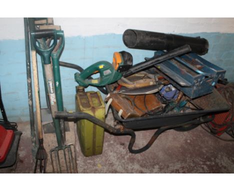A QUANTITY OF POWER TOOLS, WHEELBARROW ETC