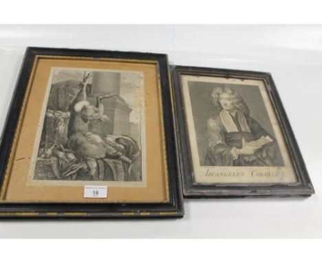 A FRAMED AND GLAZED ENGRAVING, OF A DEAD HARE STRUNG BY ONE LEG TOGETHER WITH A FRAMED AND GLAZED ENGRAVING OF A PORTRAIT ARC