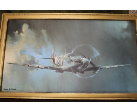 A FRAMED PRINT BY BARRIE A F CLARK OF A SPITFIRE, TOGETHER WITH A MIRROR