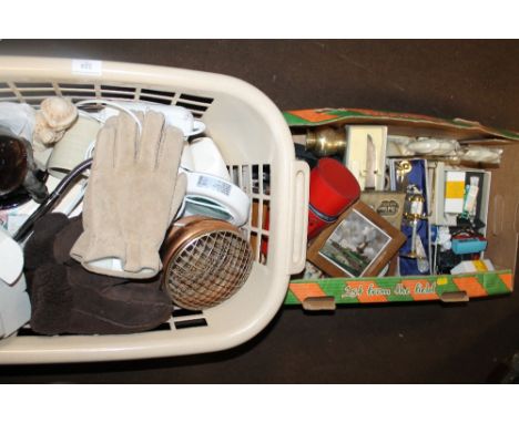 TWO TRAYS OF SUNDRIES TO INCLUDE TOY VEHICLES, PAIR OF BOOK ENDS, HIP FLASK, ETC  
