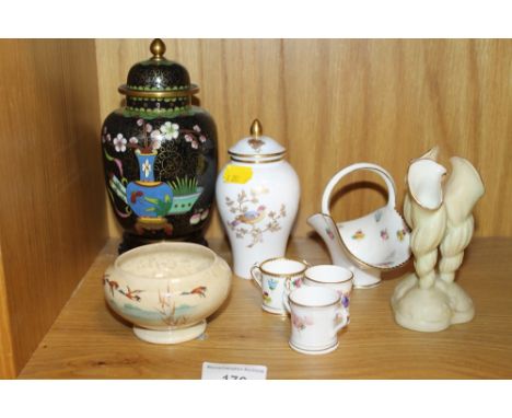 A SMALL QUANTITY OF CHINA TO INCLUDE AN ORIENTAL STYLE CLOISSONNE LIDDED URN, A SPODE LIDDED URN, ROYAL DOULTON, ETC  