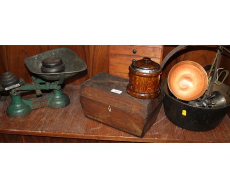 A QUANTITY OF METALWARE TO INCLUDE A JAM PAN, GOBLETS, COASTER, ETC TOGETHER WITH A TEA CADDY A/F, A SMALL SIX DRAWER CABINET