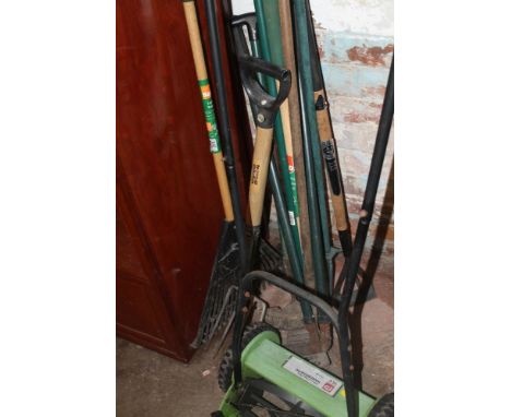 A QUANTITY OF GARDENING TOOLS TOGETHER WITH A HAND MOWER