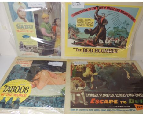 LOBBY CARDS - ESCAPE TO BURMA 1955 starring Barbara Stanwyck, full set of eight; THE BEACHCOMBER 1954, full set of eight; SAB