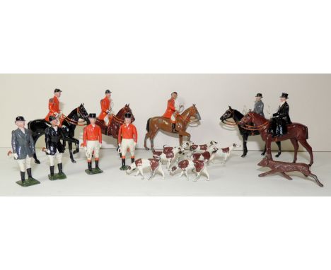 BRITAINS - Hunting series: five mounted figures, four unmounted, seven hounds and an associated running fox ++one hound lacks