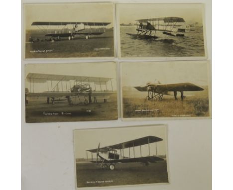 Early Aviation - five real photo postcards of early aeroplanes:Sopwith Tractor biplane; The New Army biplane; Seaplane 75; Ma