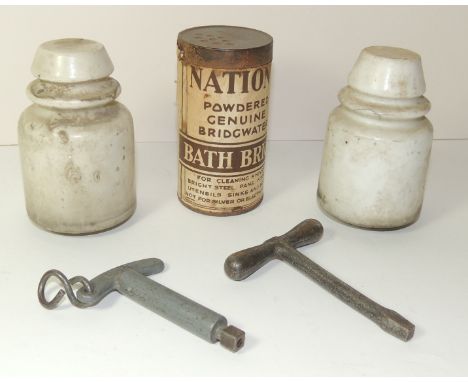 Nations's Powdered Genuine Bridgwater Bath Brick in original unopened canister; a BR carriage key; another carriage key; a GP