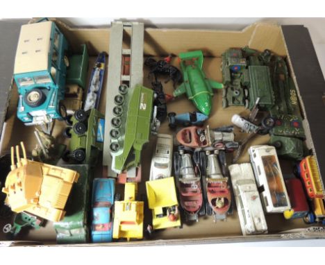 A quantity of assorted diecast vehicles including military vehicles; some larger scale vehicles; Britains lead figures and ot