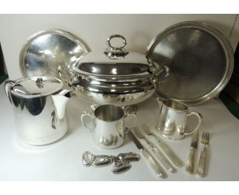 A large quantity of 20th Century military silver plated items - soup tureen, entree dish, teapot, various jugs, assorted cutl