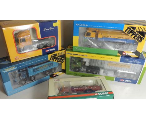 CORGI - Rigid Tippers CC13501 Davidsons Animal Feeds and CC13504 Malcom; CC13309 Morris Dropside Lorry; CC13510 Volvo Bulk Ti