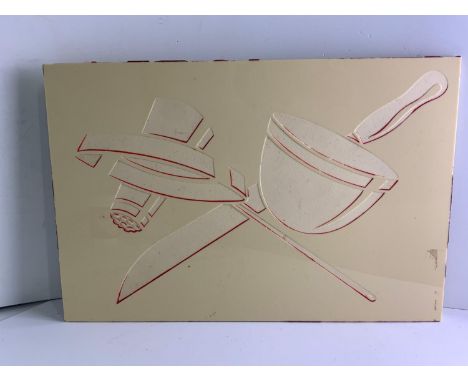 1950 Vitrolite Cream Glass Kitchen Tile with Utensil Cut Decoration Highlighted in Red - 45cm x 30cm 