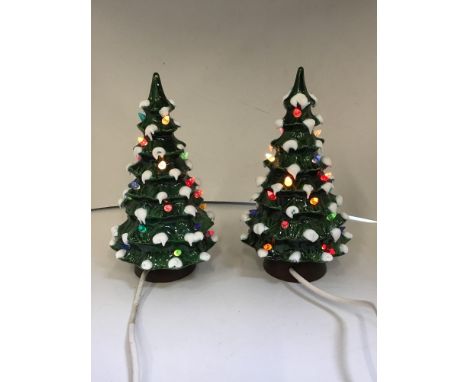2x Illuminated Ceramic Christmas Trees - Boxed - Seen Working - 24cm High 