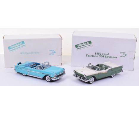 Two Danbury Mint 1:24 Scale Models, 1958 Chevrolet Impala and a 1957 Ford Fairlane 500 Skyliner. Both in excellent to mint bo