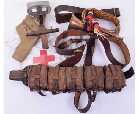Selection of Various Items of Equipment, including a brass copper bugle, Sam Browne leather belt, Sam Browne leather belt wit