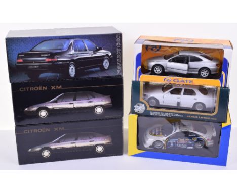 Three Solido 1:18 Die-Cast Scale Models, Two Citroen XM and a Peugeot 605, Minichamps 18 Team Rosberg Opel, Road Tough Lexus 