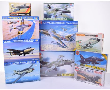 Ten Plastic Aircraft Model Kits, Airfix 1:48 scale Buccaneer, Revell 1:32 scale Hawker Hunter FGA.9/MK.58, Tamiya Gloster Met