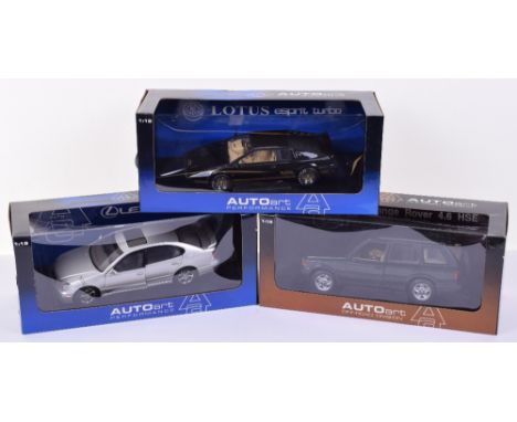 Three AutoArt 1:18 Scale Models, AutoArt Performance Lotus Esprit Turbo and Lexus G8400, AutoArt Off-Road Division Range Rove