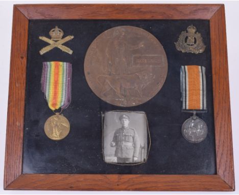 Framed Great War Medal Pair and Bronze Memorial Plaque, the medals consist of British War medal and Allied Victory medals awa