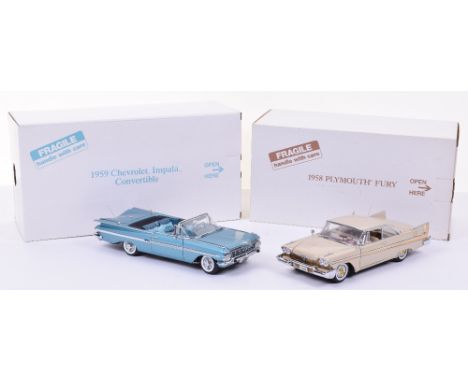 Two Danbury 1:24 Scale Models, 1959 Chevrolet Impala Convertible and a 1958 Plymouth Fury,aerial is loose in boot, both model