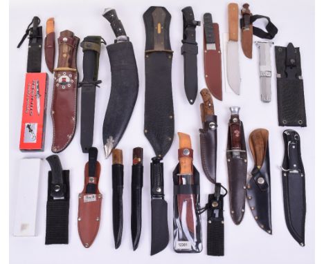 Selection of Combat and Hunting Knives, including American style combat knife with scabbard and webbing belt loop, Gurkha sty