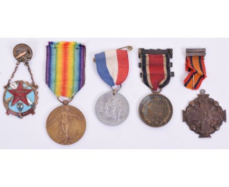 WW1 Belgium Victory Medal, complete with its original ribbon, Greek 1916-1917 bronze medal, Great War British aluminium 1919 