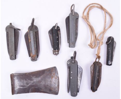 Selection of World War Two British Military Naval Clasp Knives, plus an axe head. Various conditions (8 items)