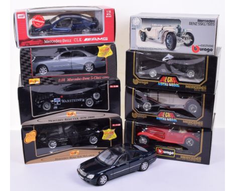 Selection of 1:18 and 1:20 Mercedes Die-Cast Scale Models, Burago Mercedes Benz SSK 1928, SSKL 1931, 300SL 1954, 500K Roadste