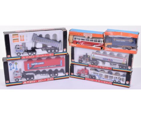 Four Shinsei Mini Power (Japanese) made Commercial Lorrys 1:53 scale, including 632 Super Liner Tokyo to Los Angeles, 643 Uni