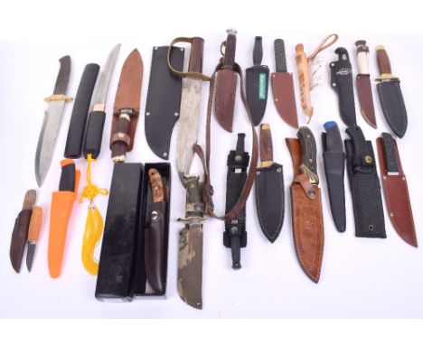 Selection of Combat and Hunting Knives, including large bowie style knife with brass D shape guard and polished wooden handle