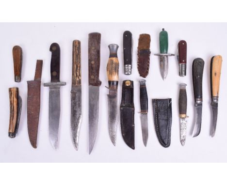 Selection of Knives, including Sheffield made bowie style knife with clipped blade and two piece grip housed in leather scabb