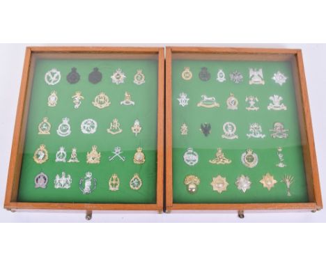 Two Framed Displays of Anodised Aluminium British Military Cap Badges, regiments include Royal Army Chaplains Department, Roy