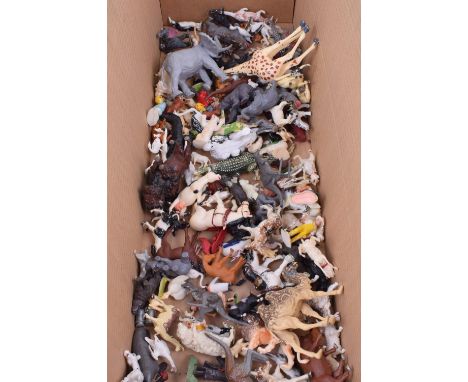 Quantity of Plastic Charbens and Britains Animals, including Farm and Zoo animals plus fencing, huts, greenery and boxed hurd