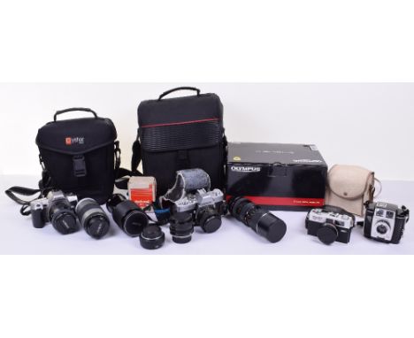 Quantity of Digital Cameras and Lenses in Cases, including Minolta SRT101 with lenses 50mm, Soligor 85-205mm, Vivitar Series1